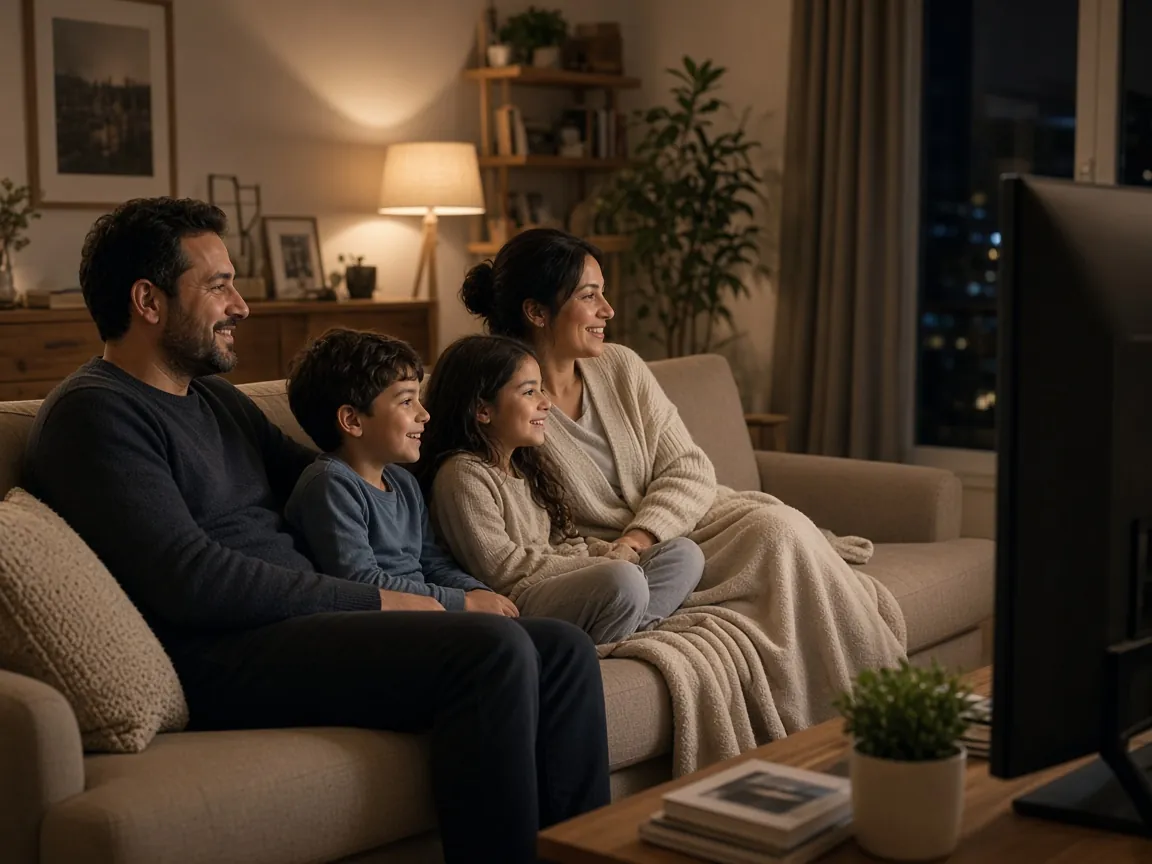 Aile salonda IPTV üyelik ile televizyon izliyor