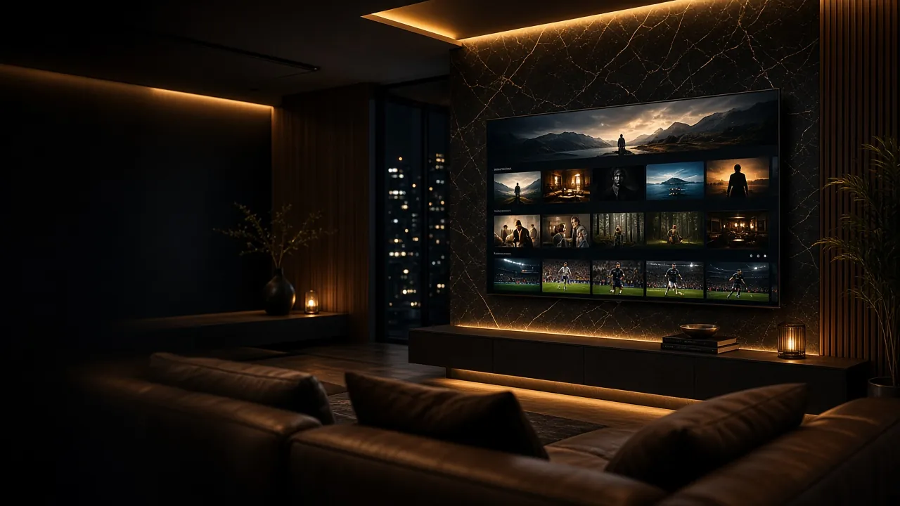 IPTV Üyelik VIP ile lüks salonda 4K yayın açık büyük televizyon